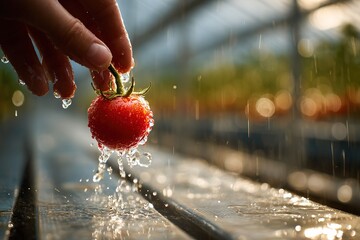 Hand holds fresh tomato dripping with water in greenhouse during afternoon sunlight near farming area