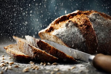 Freshly baked bread sits on a table with slices cut and flour dust visible in the air during a cozy kitchen setting