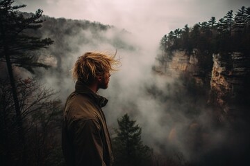 Person stands on cliff edge overlooking foggy valley with trees and rock formations in the background