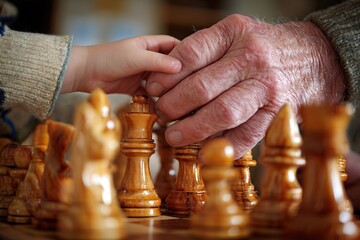 Elder and child play chess together in a warm indoor space during an afternoon gathering