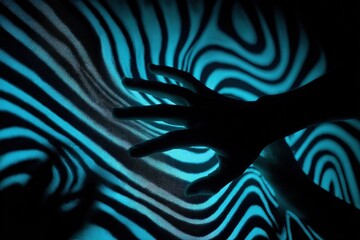 Hands interacting with light patterns on a fabric surface in a dark space during an art activity