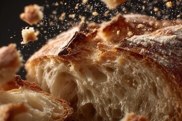 Freshly baked bread with crumb falling on a dark background during a cooking session at a bakery kitchen