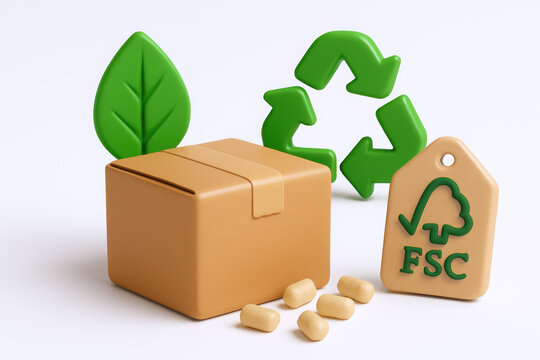 Eco-friendly packaging with recycled materials, including a tag indicating FSC certification.