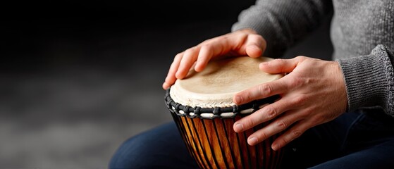 Hands play a drum with focus and rhythm, showcasing musical skill on a plain black background with space for text and design