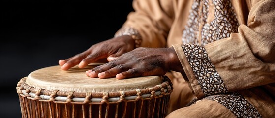 Close-up of hands playing a drum, showcasing rhythm and skill against a black background with space for additional text