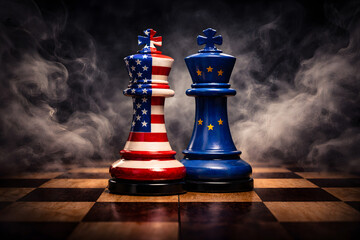 Western world politics: USA and European Union chess strategy with dramatic smoke.