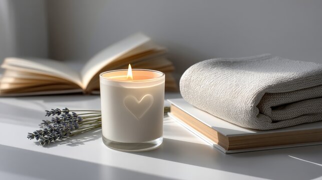 Close-up view of heart-shaped candle holder with lavender flowers beside books and a blanket on a white table in a living room setting