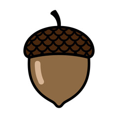 Flat acorn illustration with dark textured cap and brown nut, bold vector isolated on white background.