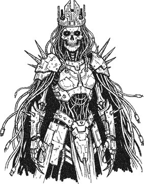 Stipple Cybernetic Skeleton King with Circuit Board Crown and Cable Hair, Sci-Fi Horror of Undead Cyber Lich in Spiked Armor