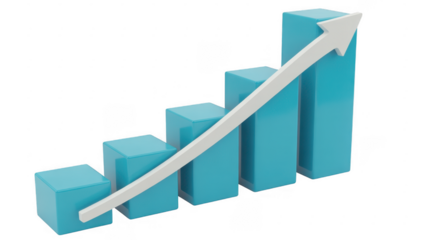 Blue 3D bar chart with white arrow graph isolated on a transparent background