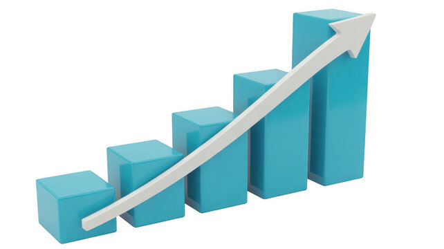 Blue 3D bar chart with white arrow graph isolated on a transparent background