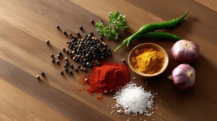 Top view of assorted spices, including black pepper, red chili powder, turmeric, and salt, arranged on a wooden table with green chilies and red onions for culinary use