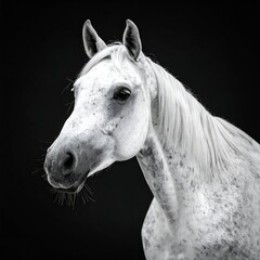 Obraz premium A grayscale portrait of a horse's head against a dark background, showcasing intricate details in its coat and expression