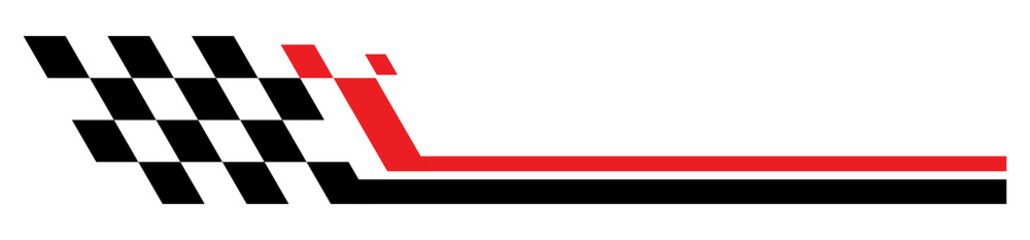 Obraz premium Sleek racing stripe accent with checkered flag elements, minimal black and red speed line for automotive graphics and layouts, PNG with transparent background