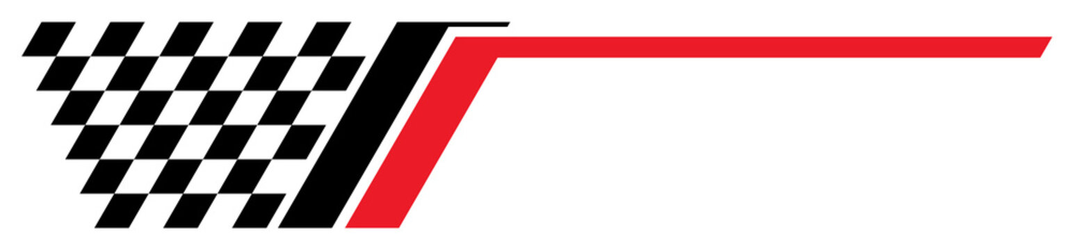 Bold motorsport stripe graphic with checkered flag pattern, dynamic black and red racing accent for banners and car themed designs, PNG with transparent background