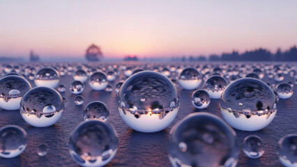Spherical Wonders: A mesmerizing scene of numerous glossy spheres scattered across a surface, reflecting a soft, dreamy landscape, bathed in the gentle hues of dawn and dusk.