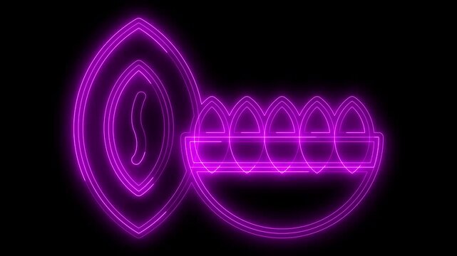 Glowing neon outline animation of a female vulva and a tray of eggs, rendered in vibrant magenta on a dark background, fertility, biology, women's health, or medical