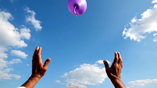 Hands of an elderly woman release a purple balloon into a bright blue sky with clouds. Symbolizes freedom, hope, and empowerment. Perfect for International Women's Day or senior lifestyle themes.