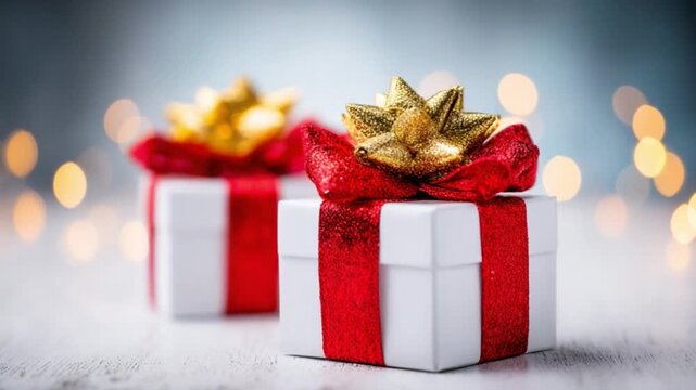 Present of Joy and Festive Spirit: Two beautifully wrapped gifts, adorned with bright red ribbons and golden bows, sit on a light-toned surface, creating a visual symphony of joy and anticipation.