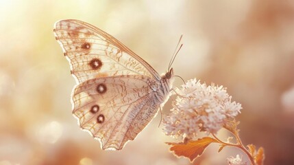 Obraz premium A delicate butterfly with shimmering wings rests on a soft blooming flower in warm golden sunlight