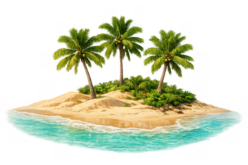 Tropical island surrounded by clear turquoise ocean water, featuring a sandy beach and lush green palm trees, rendered with a transparent background