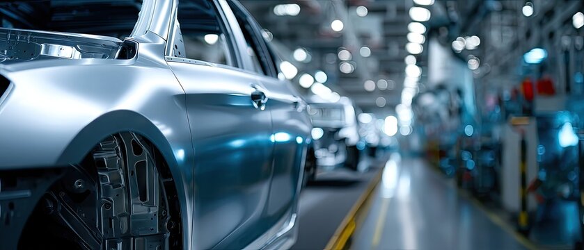 Car assembly line featuring robotic arms and car bodies in a factory setting designed for industrial equipment marketing - Powered by Adobe
