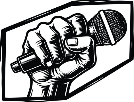 Vector  illustration of Illustration of a fist holding a microphone in a frame isolated on transparent background
