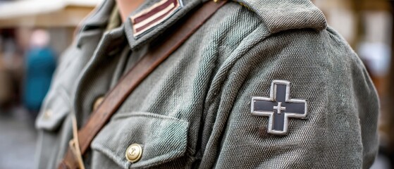 Close-up view of a German soldier wearing a red cross patch on his arm during a military reenactment event