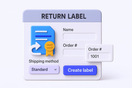 3D graphic of a return label form with a shipping method option and order details.
