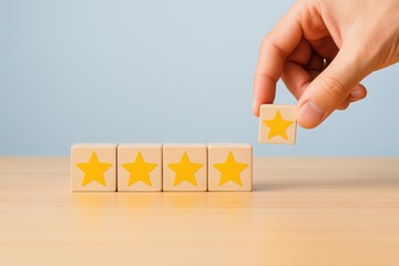 Customer Review: A hand places a star on a wooden block, symbolizing a perfect customer review. Capturing the essence of a satisfied rating.