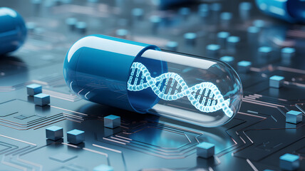 Digital dna capsule on circuit board symbolizing biotechnology and genetic science

