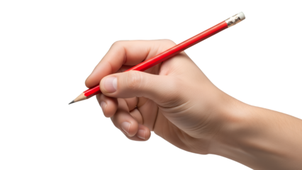 A close-up shot of a person's hand holding a red pencil, isolated on a transparent background, ready to write or draw
