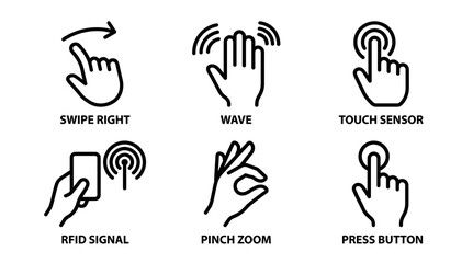 Obraz premium Hand gesture icons including swipe right wave touch sensor rfid pinch zoom and press button