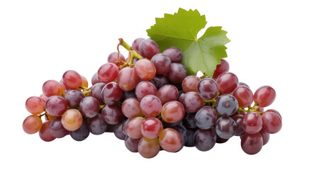 Bunch of red grapes with green leaf cluster fruit isolated on a transparent background