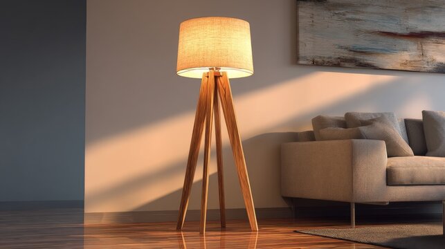 Stylish wooden tripod floor lamp illuminating a cozy living room setting with modern furniture and soft lighting for a warm atmosphere
