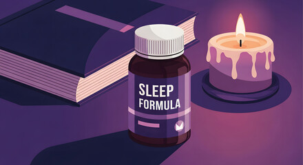 Fototapeta premium Illustration of a sleep formula supplement bottle next to a book