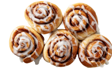 Soft cinnamon rolls freshly baked with sugar icing for indulgent homemade dessert experience isolated on transparent background PNG