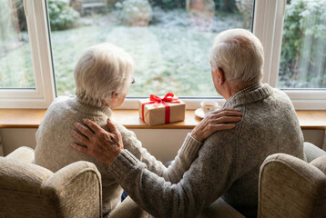 A rear view of an affectionate elderly couple in knitted sweaters sitting in armchairs, hugging while looking out at a snowy garden with a wrapped gift on the windowsill.