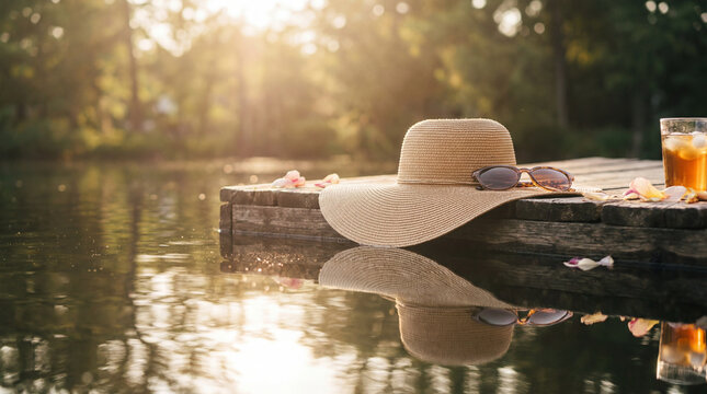 A serene lakeside scene, a wide-brimmed hat and sunglasses rest peacefully on a wooden dock bathed in warm sunlight, creating a tranquil ambiance.