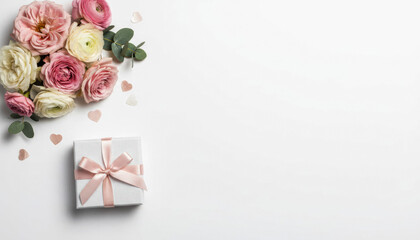 Minimal gift box and flowers flat lay on white copy space 2 variant 1