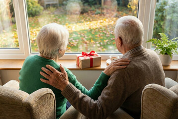 A rear view of an affectionate elderly couple sitting in armchairs and hugging while looking out at a garden filled with fallen autumn leaves, with a wrapped gift and tea cup on the windowsill.