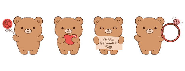 Obraz premium Cute teddy bear Valentine illustration set with heart, rose, engagement ring, and love message in soft pastel cartoon style for romantic designs.