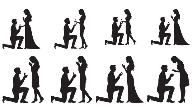 Romantic silhouettes of a man proposing marriage to a happy woman.
