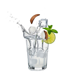 Fresh Coconut Drink Splash with Lime and Mint Leaves in a Glass