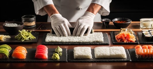 Obraz premium The Sushi Roll Being Carefully Rolled by a Chef with Fresh Ingredients