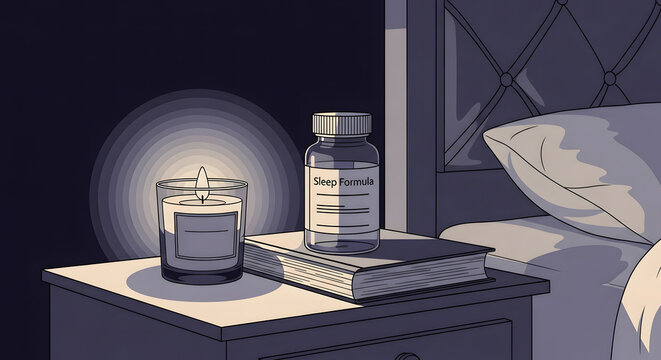 Nightstand with lit candle, book, and generic sleep formula bott
