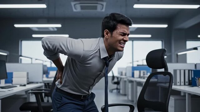 A young businessman grimaces from intense back pain, clutching his lower back in a dramatic medium shot within the stressful corporate office.