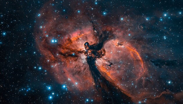 Vast cosmic nebula with glowing red gas and dark dust pillars is surrounded by brilliant blue stars in a deep space starfield, showcasing the beauty of the universe - Powered by Adobe