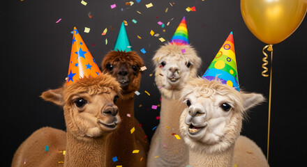 Obraz premium Four alpacas wearing party hats and confetti falling. Represents festive mood, animal birthday or celebration occasion with golden balloon on black background