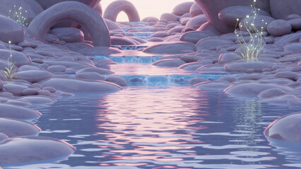 Serene Waterscapes: A dreamy river cascades through a landscape of smooth stones and organic forms, reflecting the warm hues of the setting sun and creating a tranquil, ethereal atmosphere.